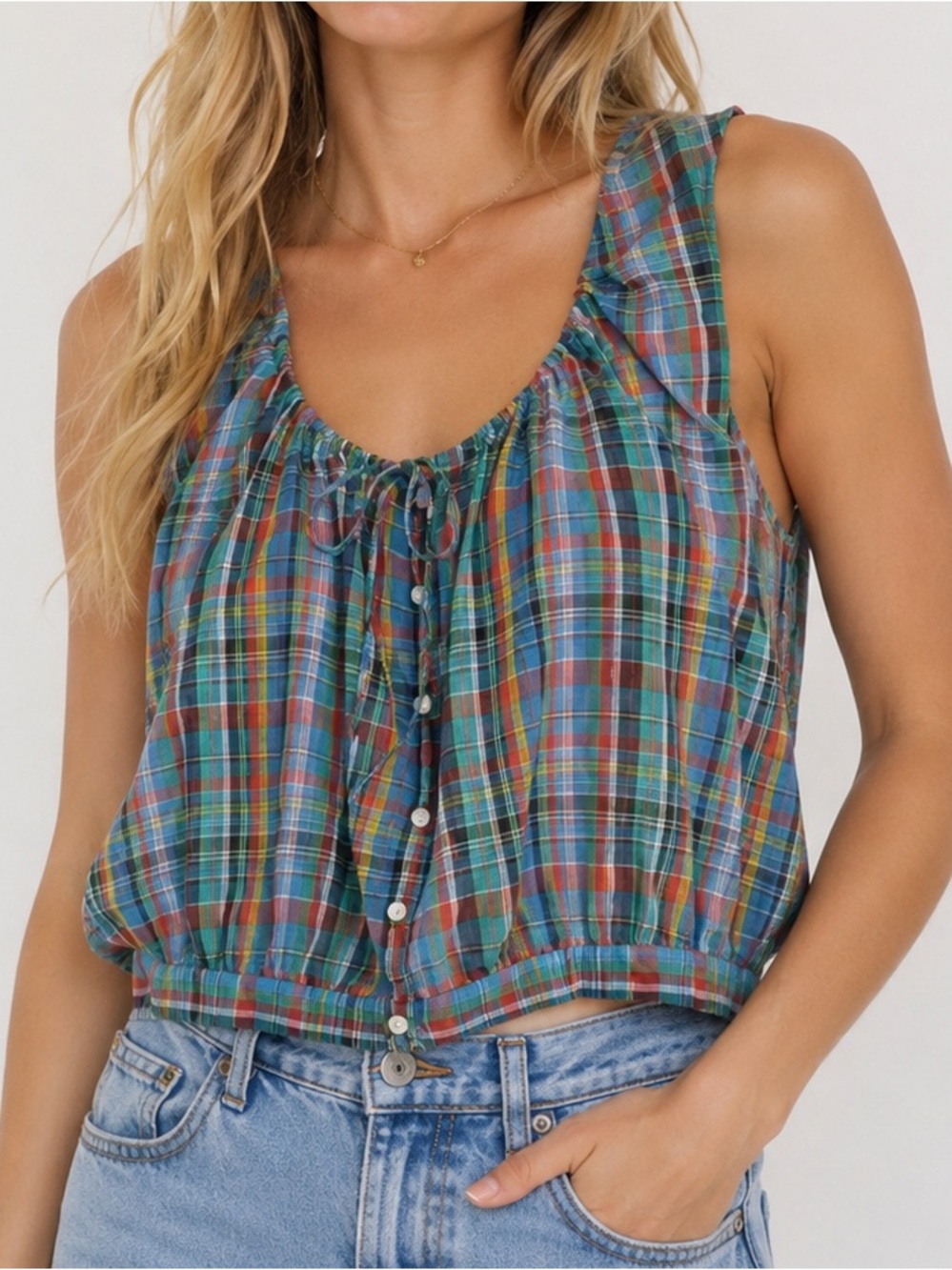 DOEN Theo Gathered Checked Organic Cotton Top Aderbrook Plaid Size XS